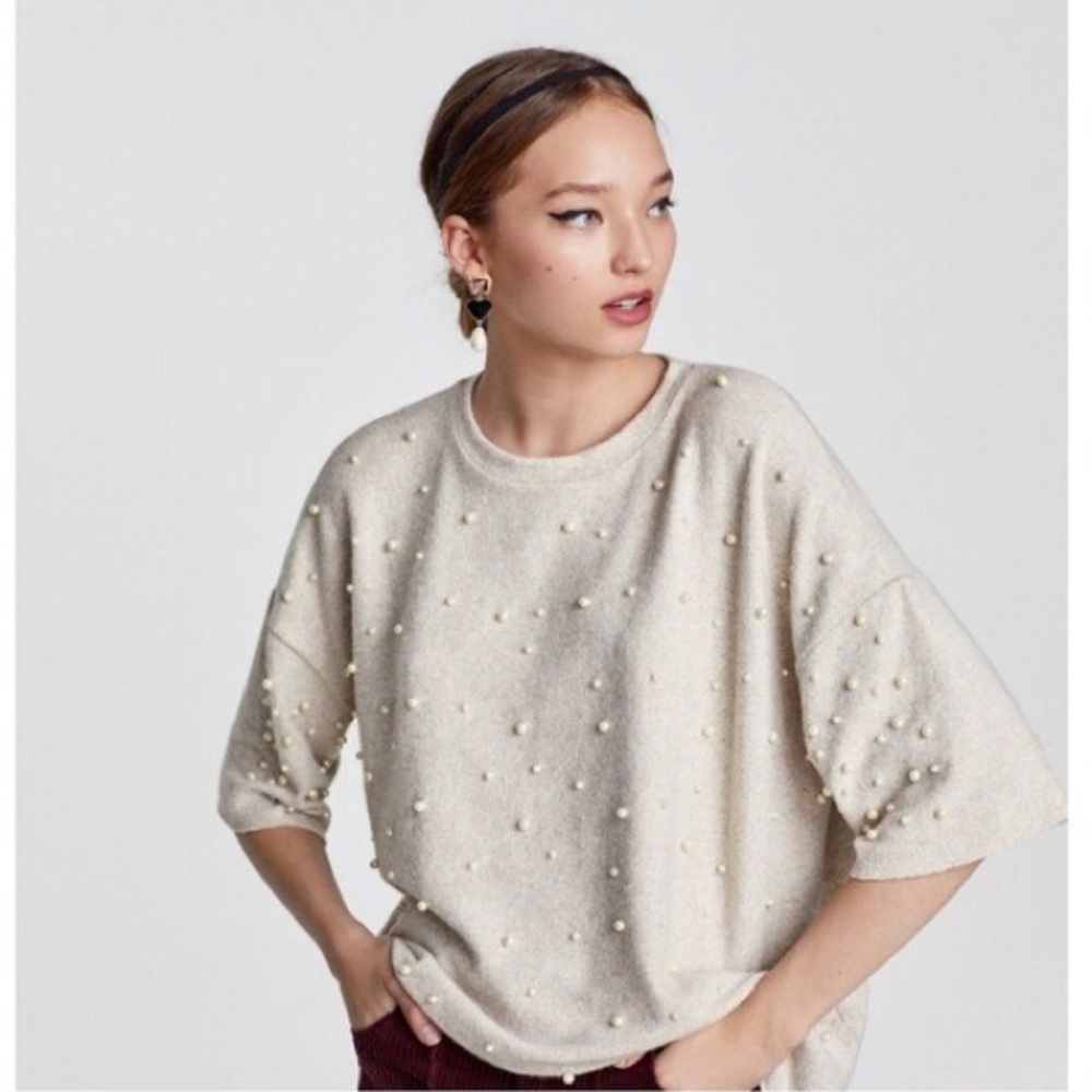 Zara Trafaluc Soft Touch Faux Pearl Sweater